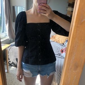Ganni black balloon sleeve button up top contrast stitch size S